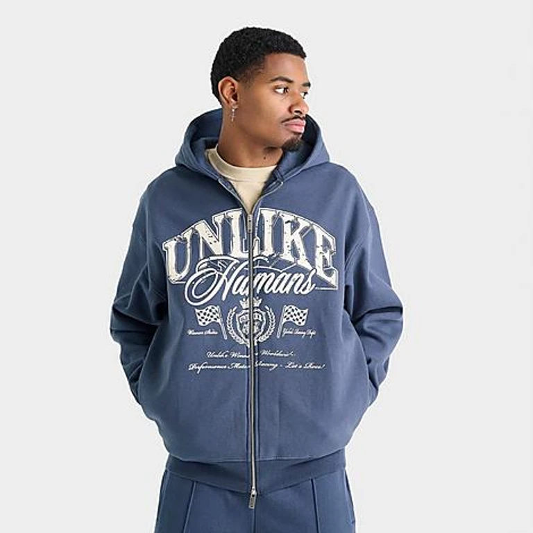 Unlike Humans Men's Motor Graphic Fleece Full-Zip Hoodie in Steel Blue Size: Small