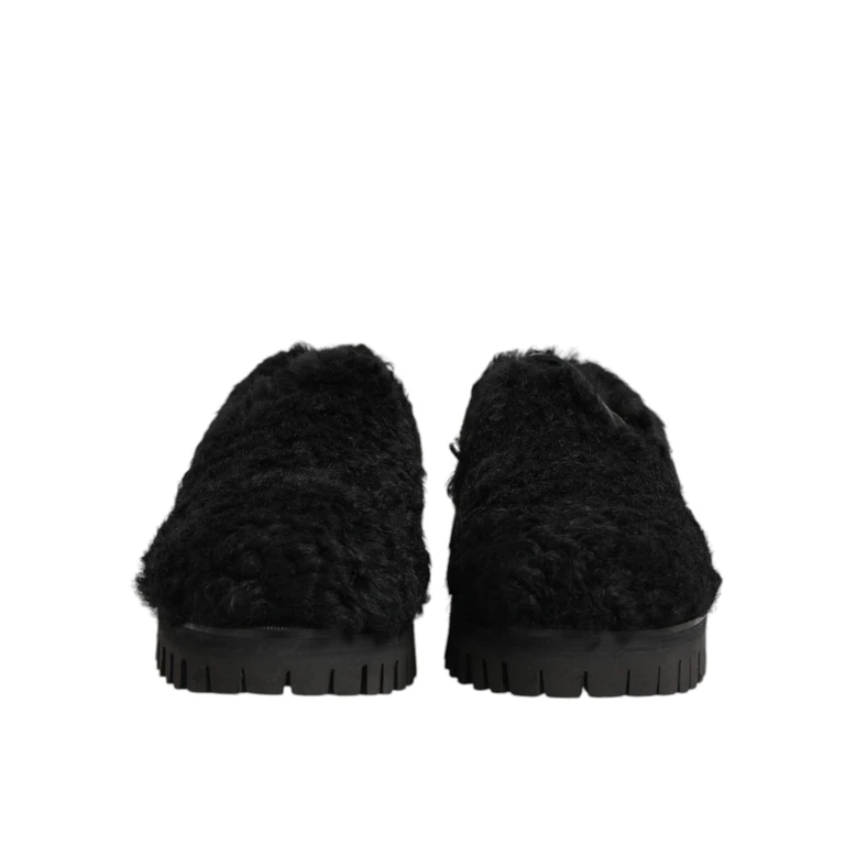 Dolce & Gabbana Dress Black Fur Leather Slippers Men Shoes Lamb+17lf - Men