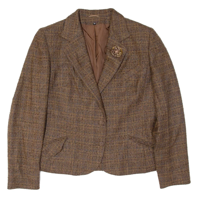 Womens Blazer Jacket Brown Wool 90s Plaid S