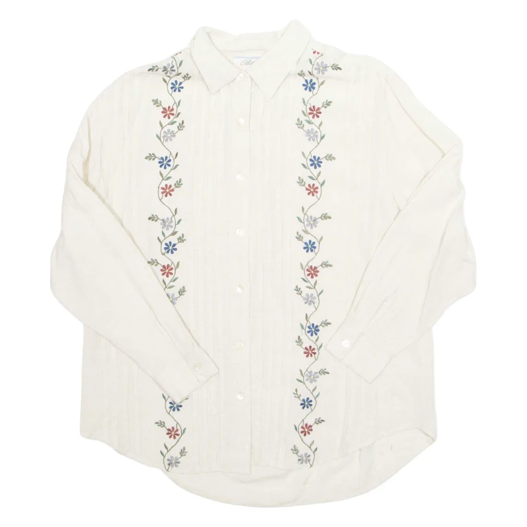 BLUE SPRUCE Embroidered Womens Shirt Beige Collared Long Sleeve Linen Floral XL