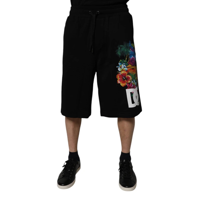 Black Cotton Logo Floral Print Bermuda Shorts - Men