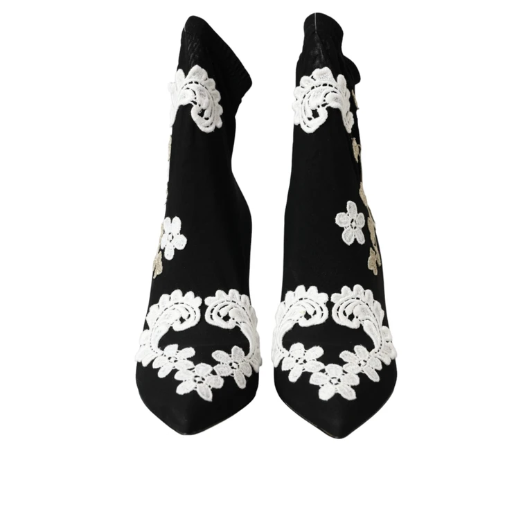 Dolce & Gabbana Black White Embroidery Slip On Boots Shoes And Viscose Elastane - Women