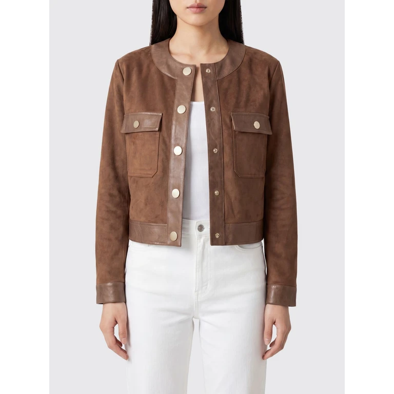 Short Faux Suede Jacket with Crew Neck and Belt (BJ20303098PECAN)