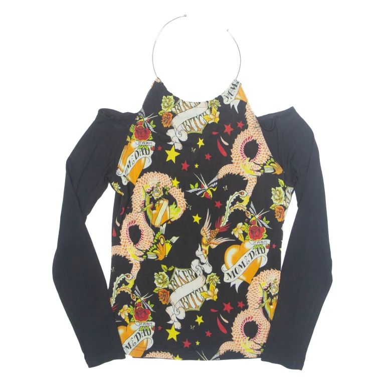 Womens Halter Neck Top Black Long Sleeve Crazy Pattern S