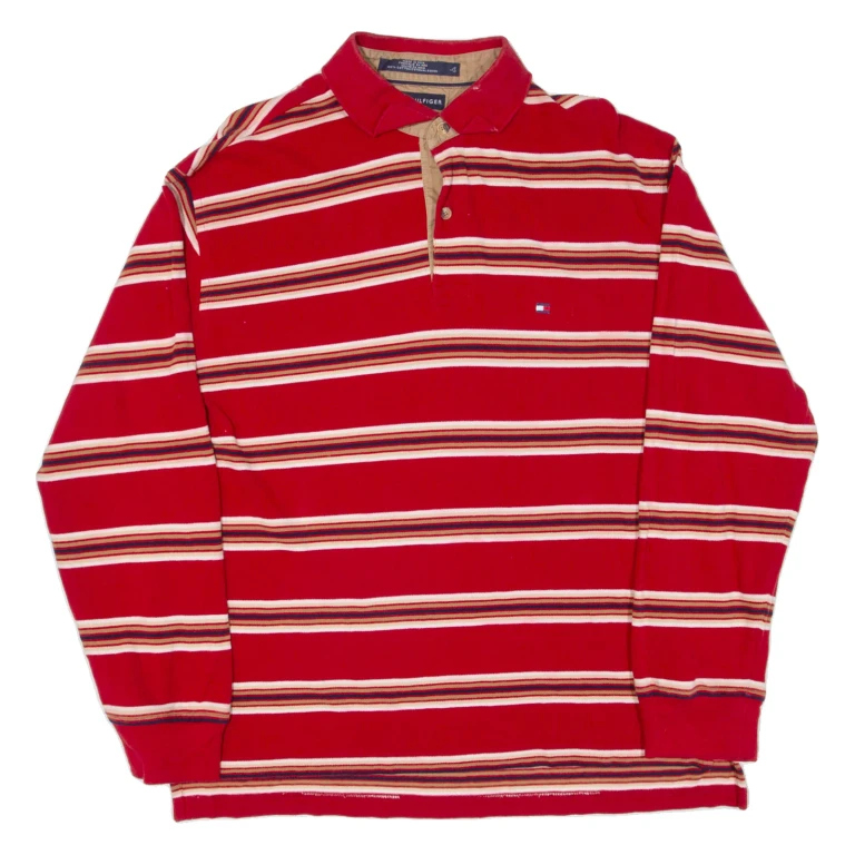 TOMMY HILFIGER Mens Polo Shirt Red Striped Long Sleeve L