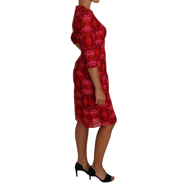 Dolce & Gabbana Floral Crochet Lace Red Pink Sheath Dress Cotton - Women