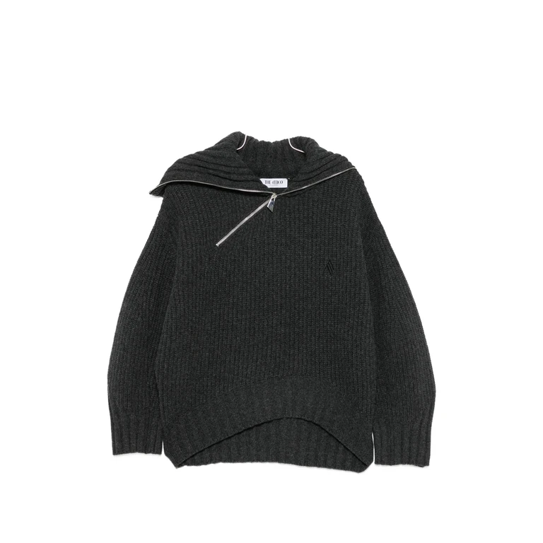 Asymmetric-zip Ribbed-knit Sweater