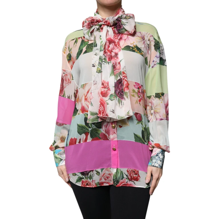 Multicolor Floral Patchwork Ascot Collar Top Silk Elastane - Women