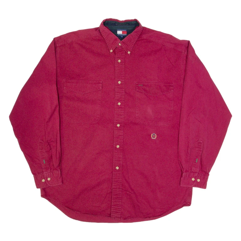 TOMMY HILFIGER Mens Plain Shirt Maroon Long Sleeve L