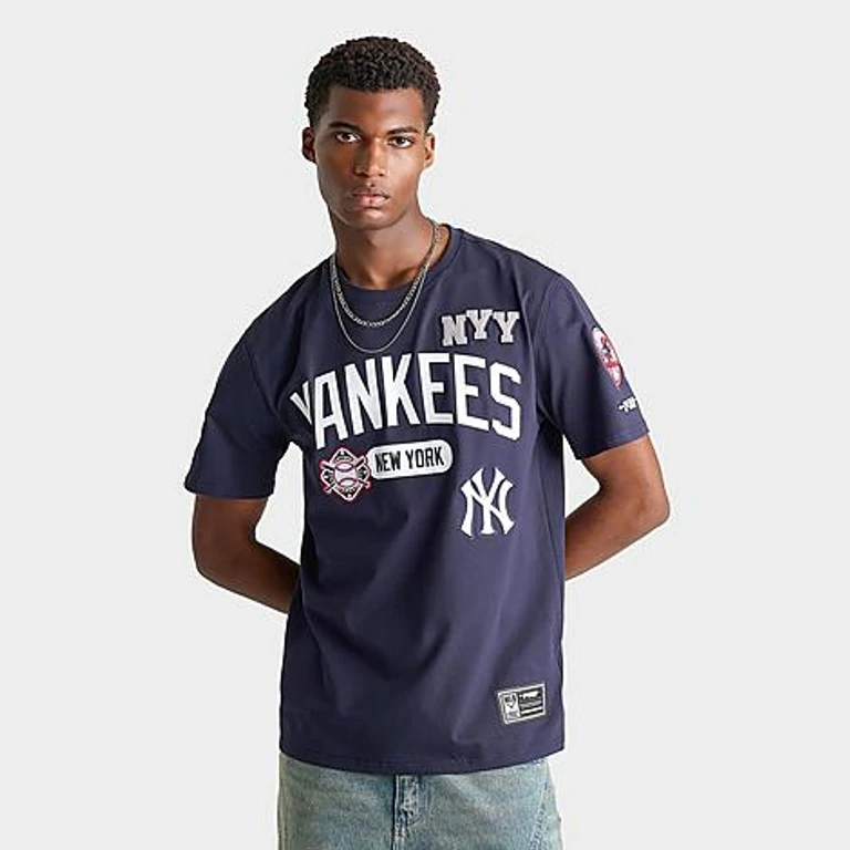 Pro Standard Men's New York Yankees MLB Letterman T-Shirt in Midnight Navy Size: Small
