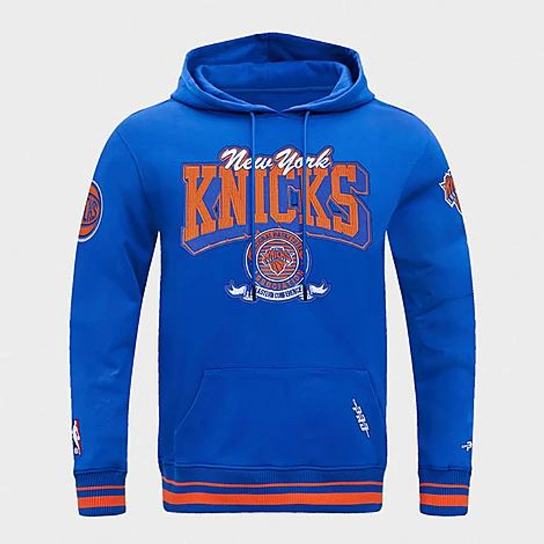 Pro Standard Men's New York Knicks NBA Badge Fleece Pullover Hoodie in Royal/Orange Size: Small