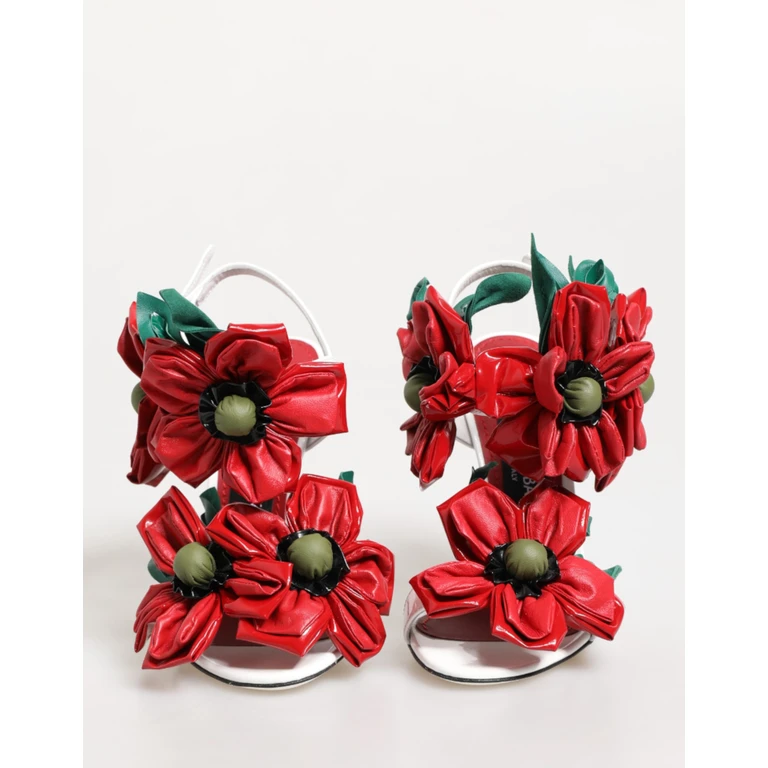 Dolce & Gabbana White Red Floral Detailing Sandals Shoes And Calfskin Leather - Women