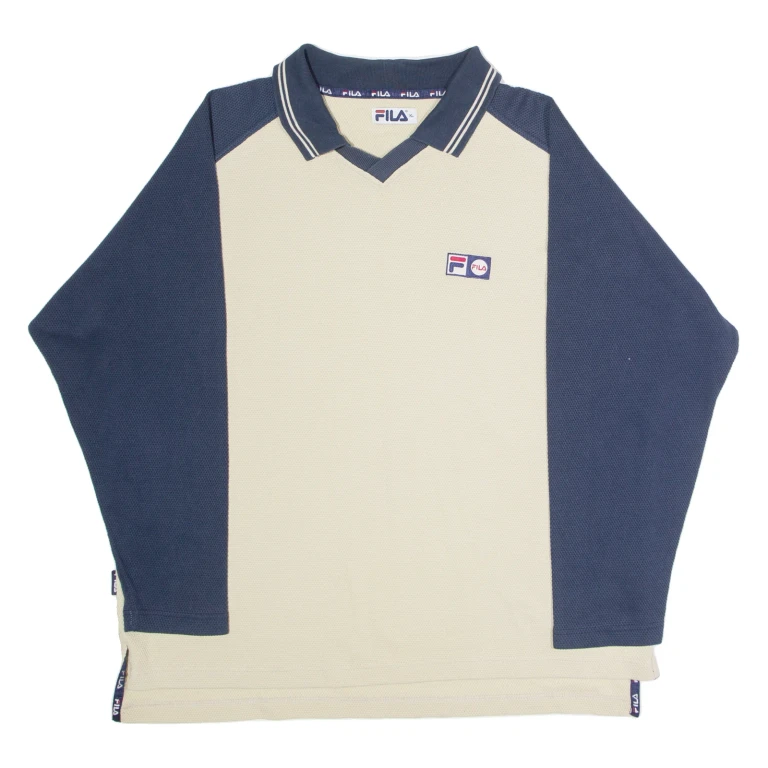 FILA Mens Patterned Jumper Cream Colourblock Collared 90s Tight Knit XL