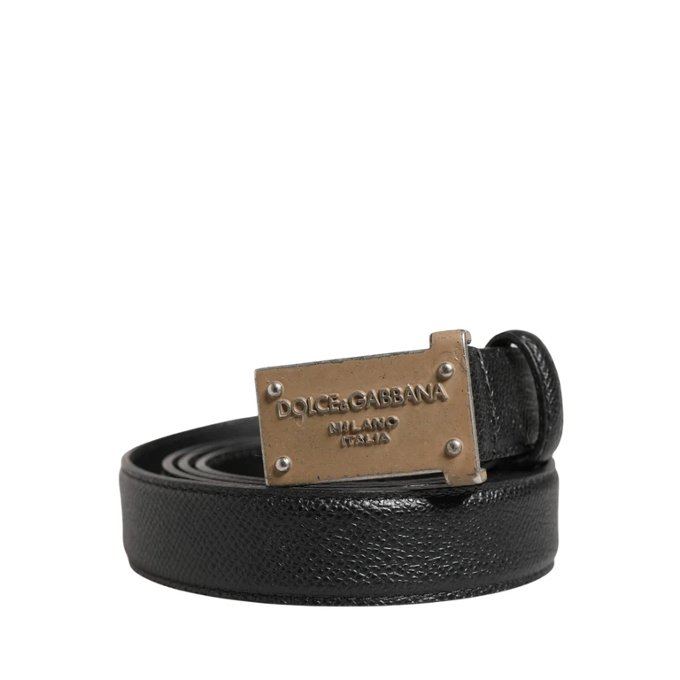 Dolce & Gabbana Men Black Calf Leather Logo Metal Buckle Belt - Men