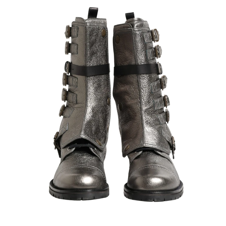 Dolce & Gabbana Metallic Silver Combat Biker Mid Calf Boots Shoes Leather - Men
