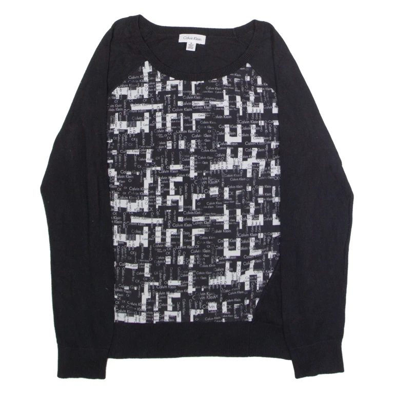 CALVIN KLEIN Mens Patterned Jumper Black Crazy Pattern Crew Neck Tight Knit M