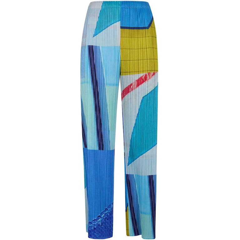 PLEATS PLEASE Pantaloni Poliestere Blu "City Collage"