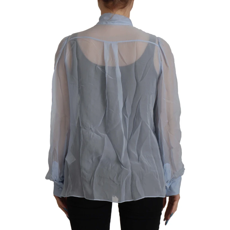 Dolce & Gabbana Light Blue Silk Ascot Collar Long Sleeves Top - Women