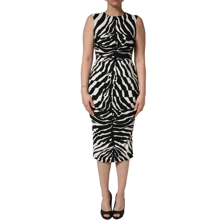 Dolce & Gabbana Black White Zebra Cady Calf Length Dress And Viscose Elastane - Women