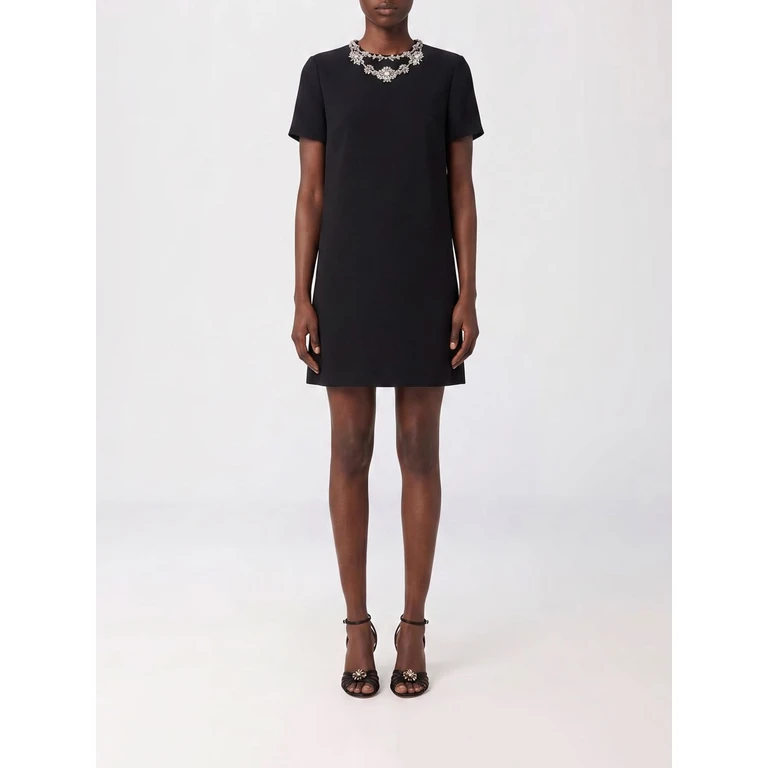 A-Line Mini Dress in Wool and Silk Crêpe with Crystal Embroidery (VAKK51CFNUD)