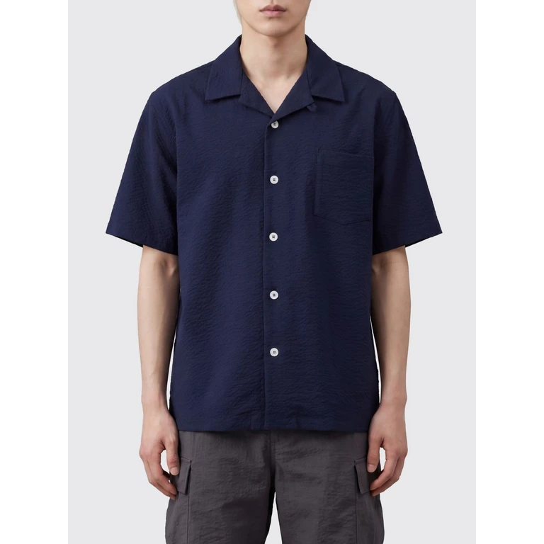 Stretch-Cotton Bowling Shirt with Cuban Collar and Short Sleeves (COCKTAILSHIRTCRISPYSEERSUCKERNAVY)