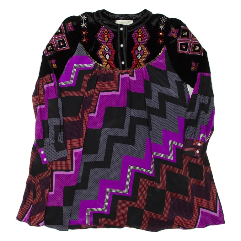 CLARA COUTURE Womens Printed Blouse Black Long Sleeve Crazy Pattern L