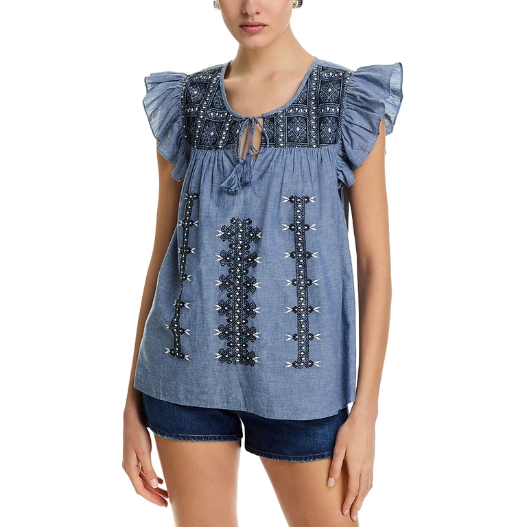 Area Stars Chambray Embroidered Ruffle Top