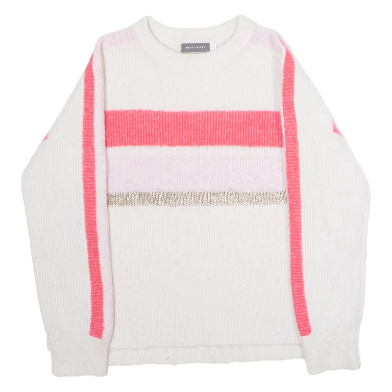 MINT VELVET Womens Patterned Jumper White Crew Neck Tight Knit Wool M