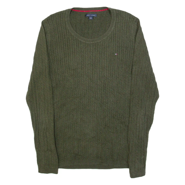 TOMMY HILFIGER Womens Jumper Green Cable Knit L