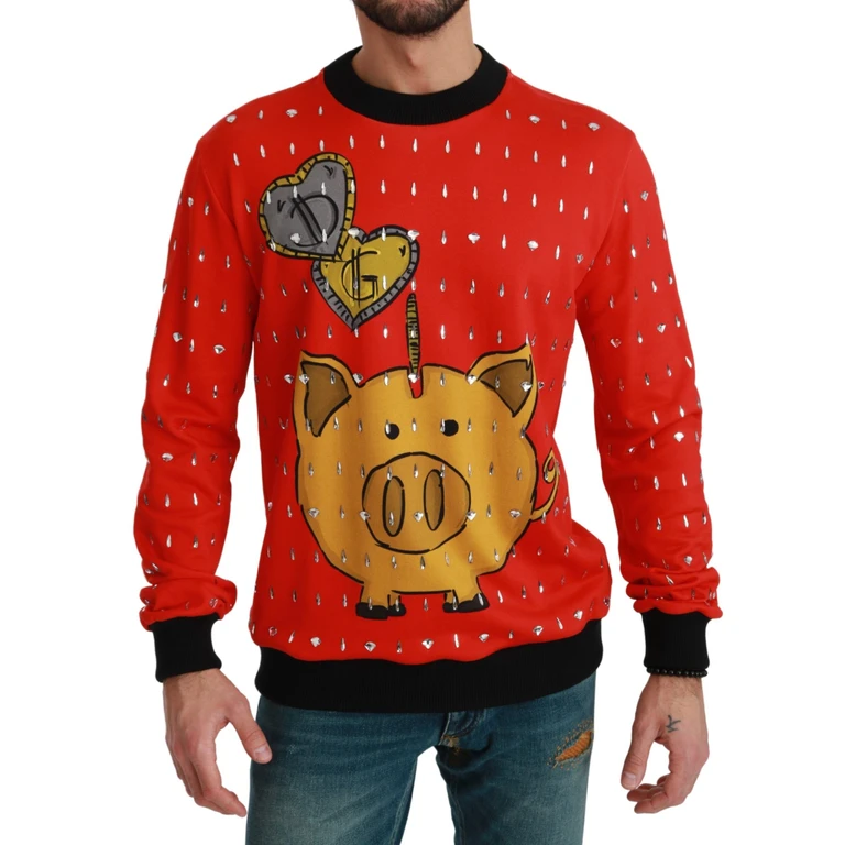 Dolce & Gabbana Red Crystal Pig Of The Year Sweater Cotton Clothing - Men