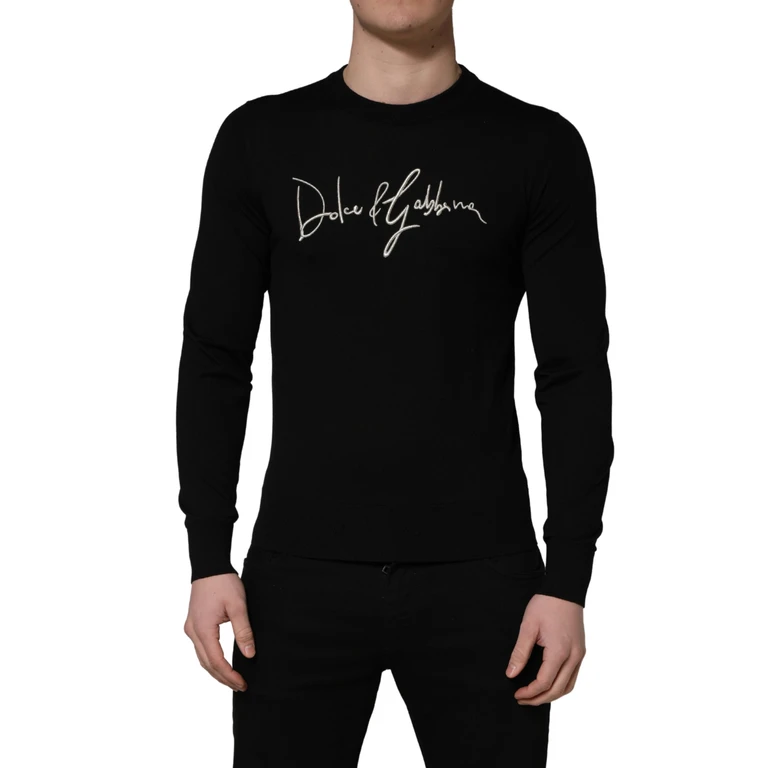 Dolce & Gabbana Black Embroidered Logo Crew Neck Pullover Sweater Virgin Wool Clothing - Men