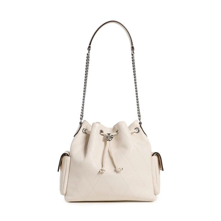 Tory Burch Charlie Quilted Drawstring Shoulder Bag Light Cream One Size