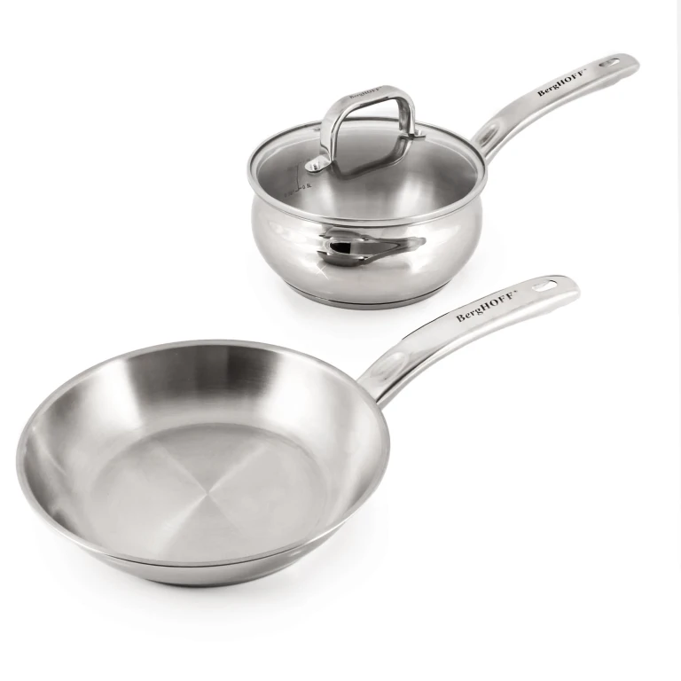 Belly Shape 3pc 18/10 Stainless Steel Fry Pan & Saucepan Cookware Set with Glass Lid