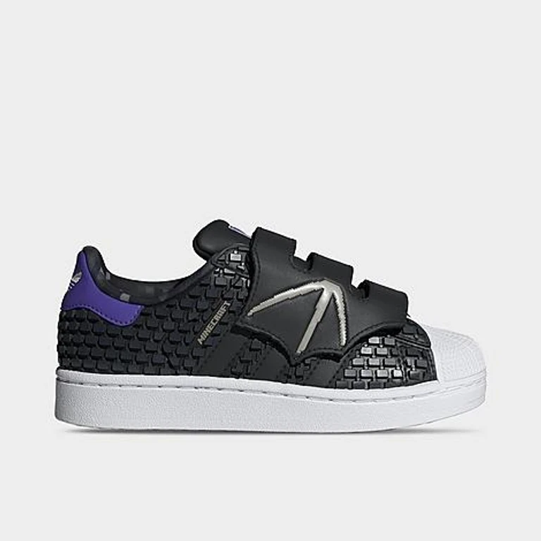 adidas Little Kids Originals x Minecraft Superstar II Comfort Closure Casual Shoes in Core Black/Core Black/Cloud White Size: 1.0