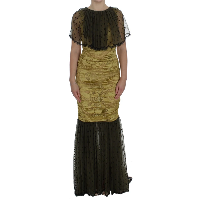 Dolce & Gabbana Yellow Black Floral Lace Ricamo Gown Dress Cotton - Women