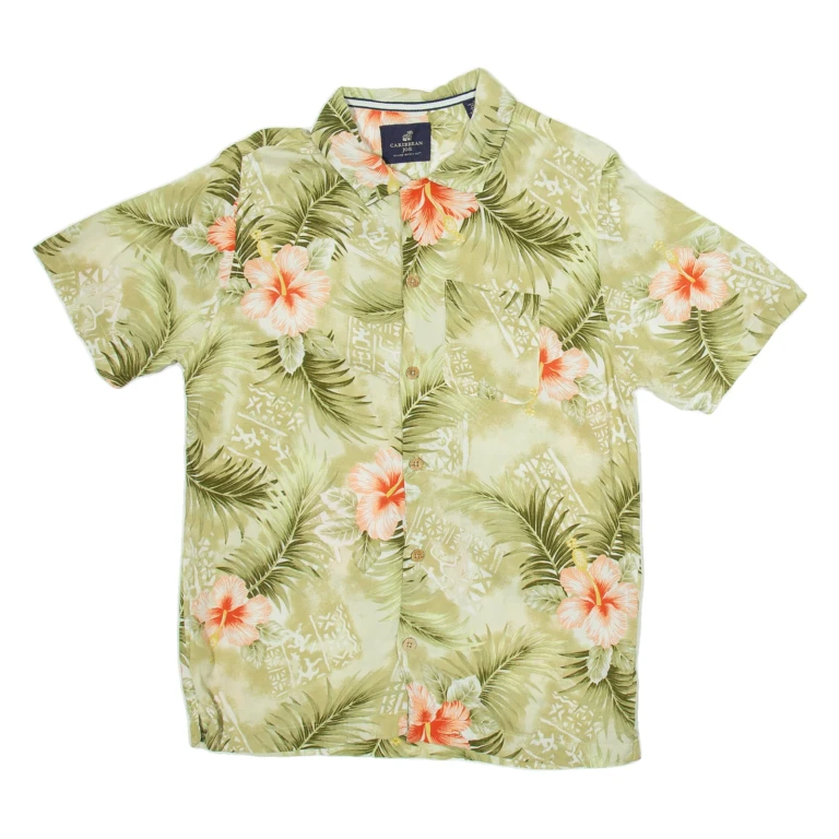 CARIBBEAN JOE Mens Hawaiian Shirt Green Floral M