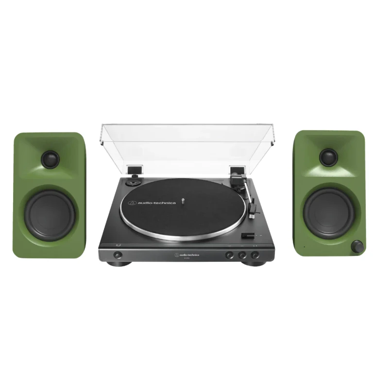 ORAME 100W Powered Reference Desktop Computer Speakers (Moss) with Audio Technica 60X-BK Fully Automatic Belt-Drive Stereo Turntable (Bundle)
