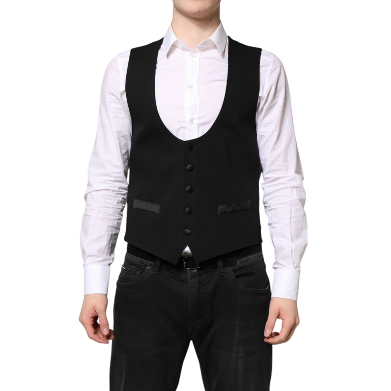 Dolce & Gabbana Black Wool Waistcoat Dress Formal Vest Virgin Silk Viscose - Men