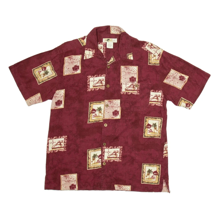 JOE MARLIN Mens Hawaiian Shirt Maroon Floral L