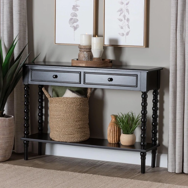 Milena Classic Black Wood 2-Drawer Console Table with Spindle Legs