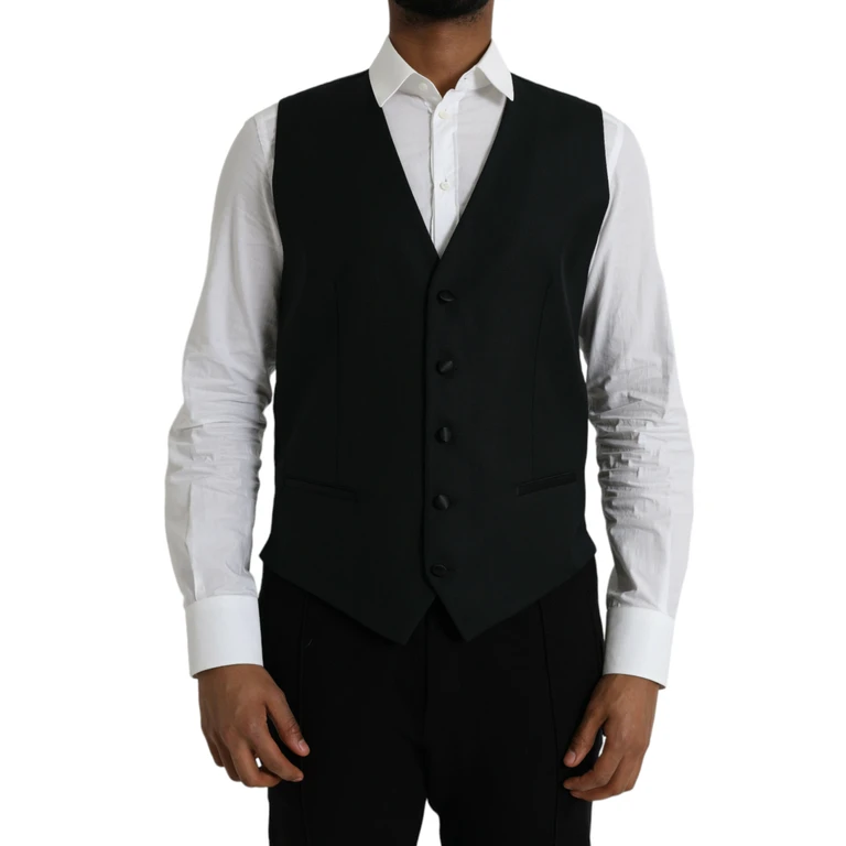 Dolce & Gabbana Black Wool Waistcoat Dress Formal Vest Silk Polyester - Men