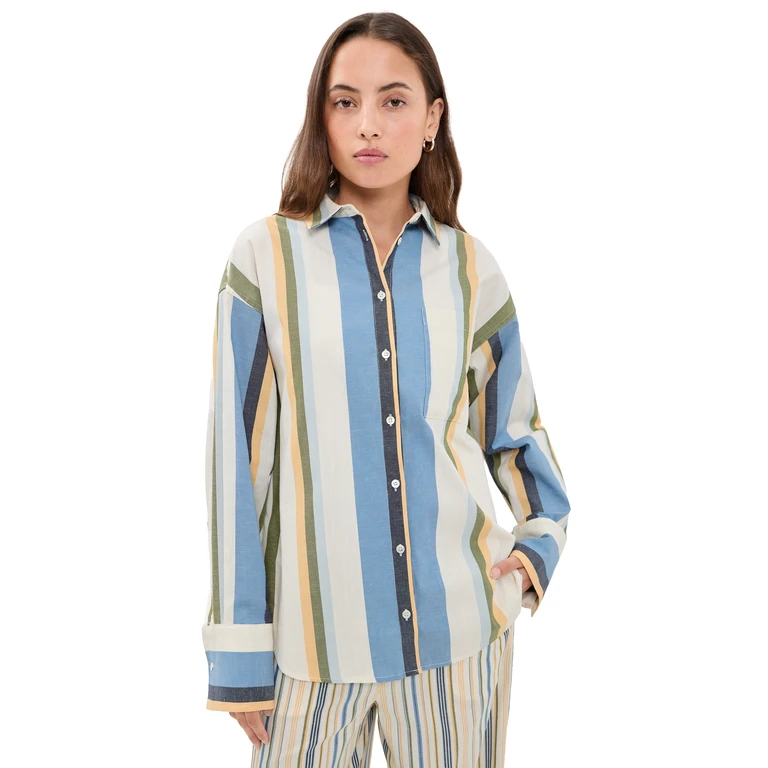Joe's Jeans The Boyfriend Button Down Shirt Azure Variegated Stripe XL