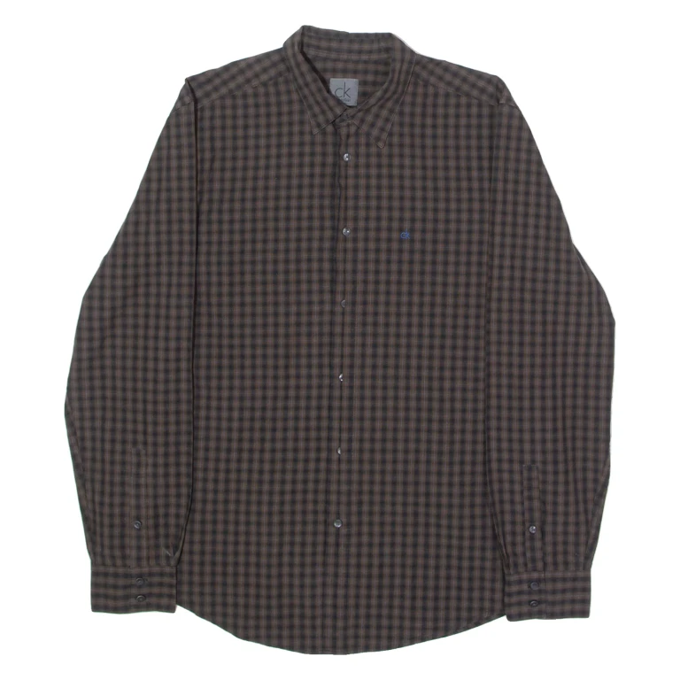 CALVIN KLEIN Slim Fit Mens Shirt Brown Check Long Sleeve XL