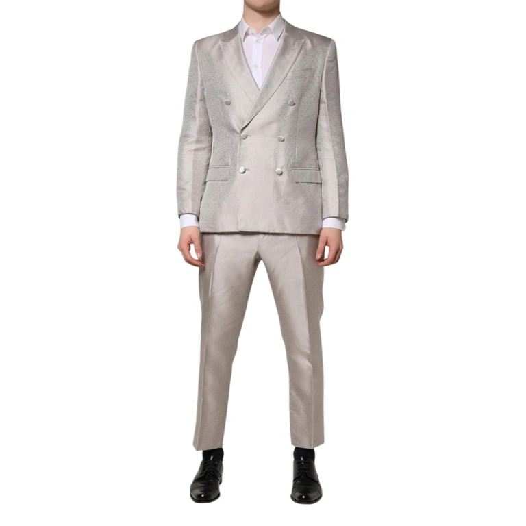 Dolce & Gabbana Light Gray Jacquard Silk Dotted 2 Piece Suit - Men