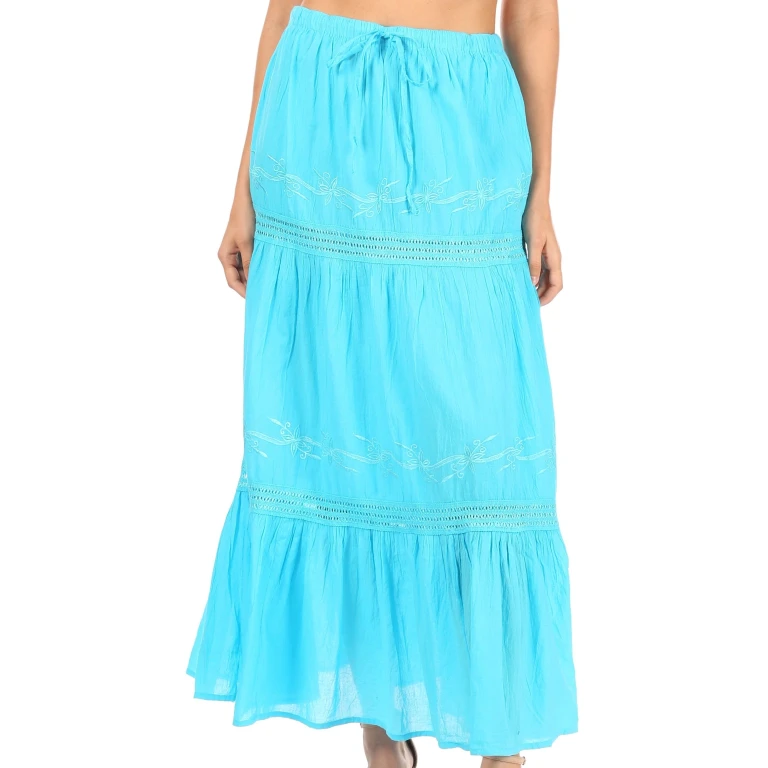 Sakkas Takara Maxi Broomstick Cascading Peasant Skirt with Elastic Waist
