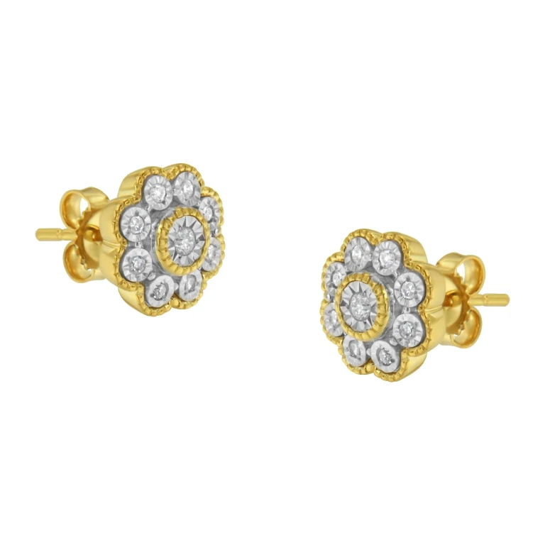 14K Yellow Gold Plated .925 Sterling Silver 1/6 Cttw Miracle-Plate Set Diamond Floral Stud Earrings (I-J Color, I2-I3 Clarity)