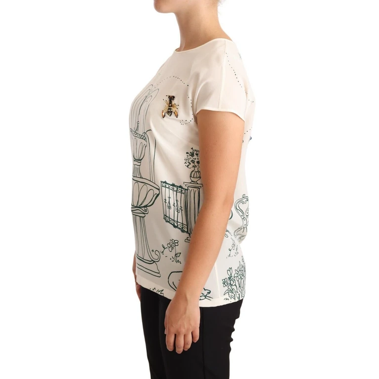 Dolce & Gabbana White Silk Garden Fountain T-Shirt Blouse - Women