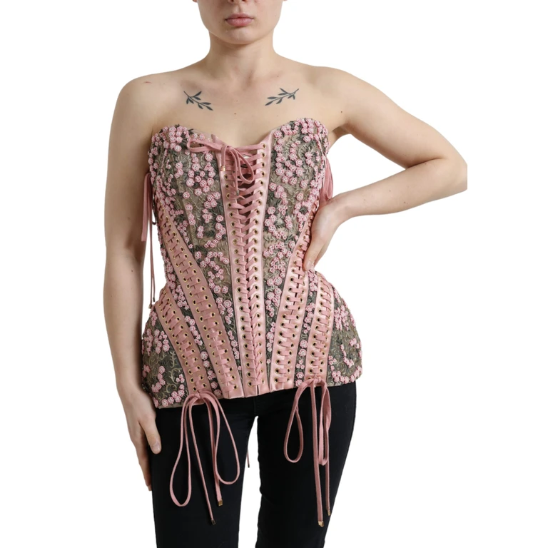 Dolce & Gabbana Pink Floral Applique Bustier Corset Top Nylon Silk - Women