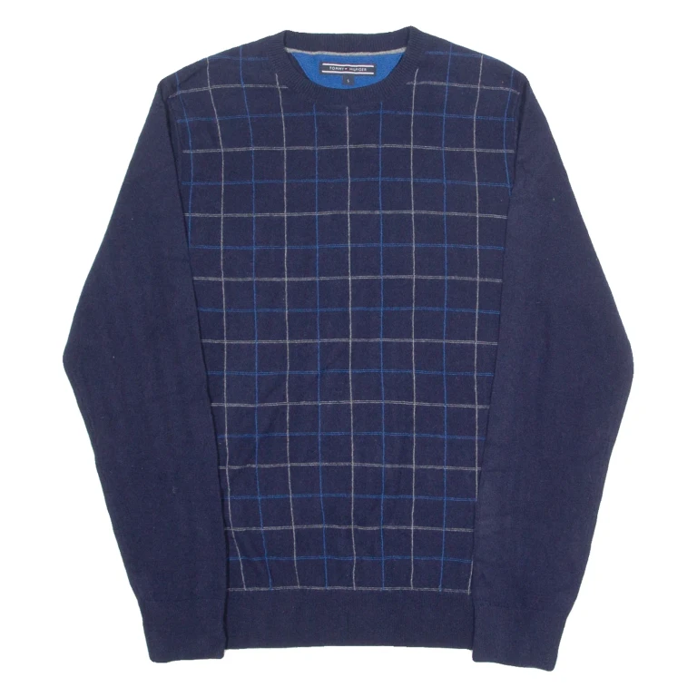 TOMMY HILFIGER Mens Patterned Jumper Blue Check Tight Knit S
