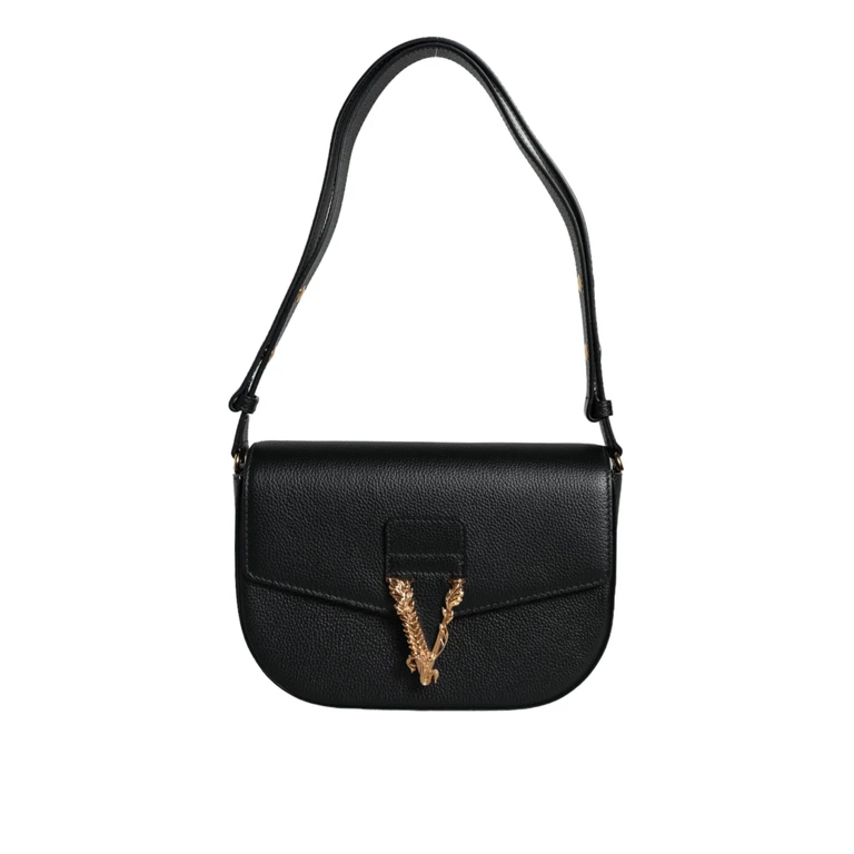Versace Black Grainy Calf Leather Logo Crossbody Shoulder Bag - Women
